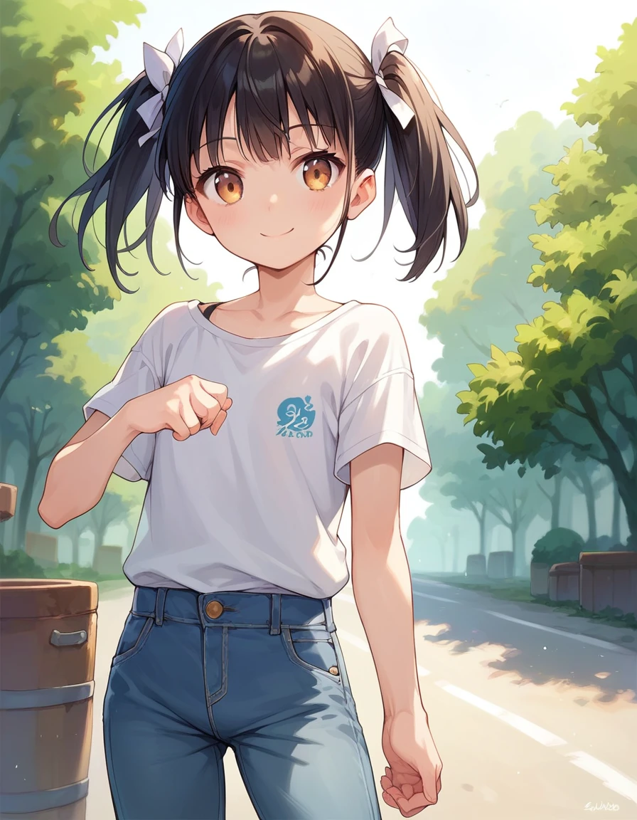 Score_9, Score_8_up, Score_7_up, source_anime,
One girl, Alone, whole body,  Waiting, on the road, Outdoor, Akagi Miria，Black Hair，Short Hair，Twin tails，smile，fine，Hair Ribbon，Flat chest，Short denim pants，Short sleeve，Logo shirt，Bold Pose，