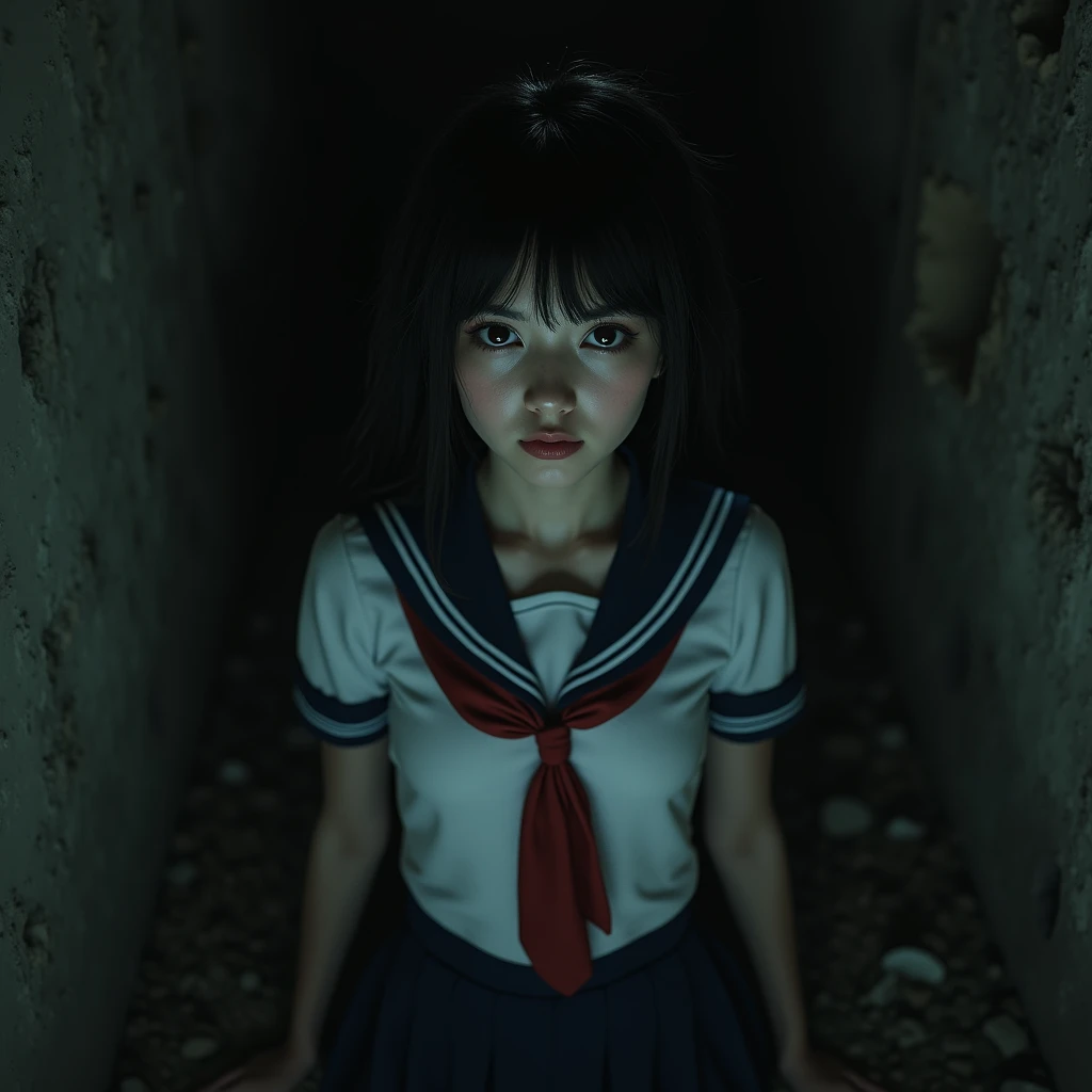 Creepy little girl, black dress, red ribbon, black hair, standing in front of a Creepy old worn down abandoned house