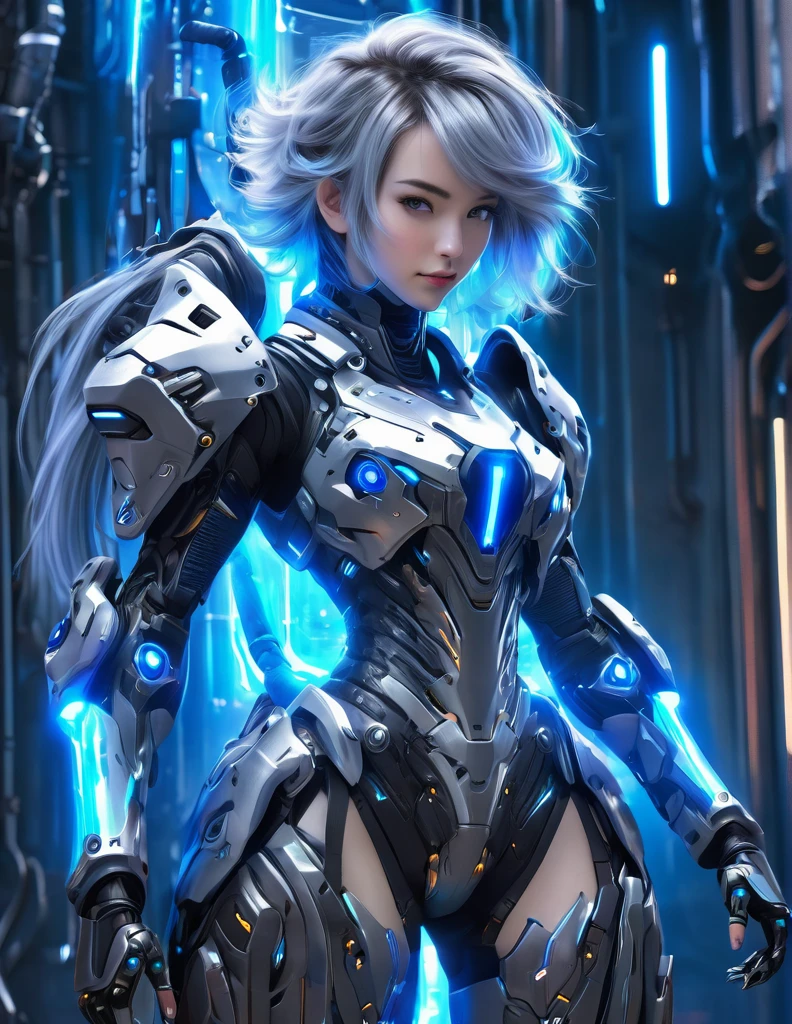 A woman wearing exoskeleton cyber armor, The armor fits snugly、((She has a plasma gun in her hand)), Full body photo, Maximum details, Superior quality through precise drawings, 8k,chest, blue eyes,  High resolution, 超High resolution, Best Quality, (She&#39;s wearing a circuit board dress with LED accents., Creates a futuristic atmosphere. Her hair is smoothly styled, Metallic bob with LED lights woven into it)Shortcuts, Big chest, Cinematic Lighting Effects, Futuristic beautiful purple haired woman, Shining blue eyes, Cyberpunk style woman, ((High tech spaceship interior with blue light illumination)), High quality images,Shortcuts, Bob Hair, Bob Hair, Very short hair, 