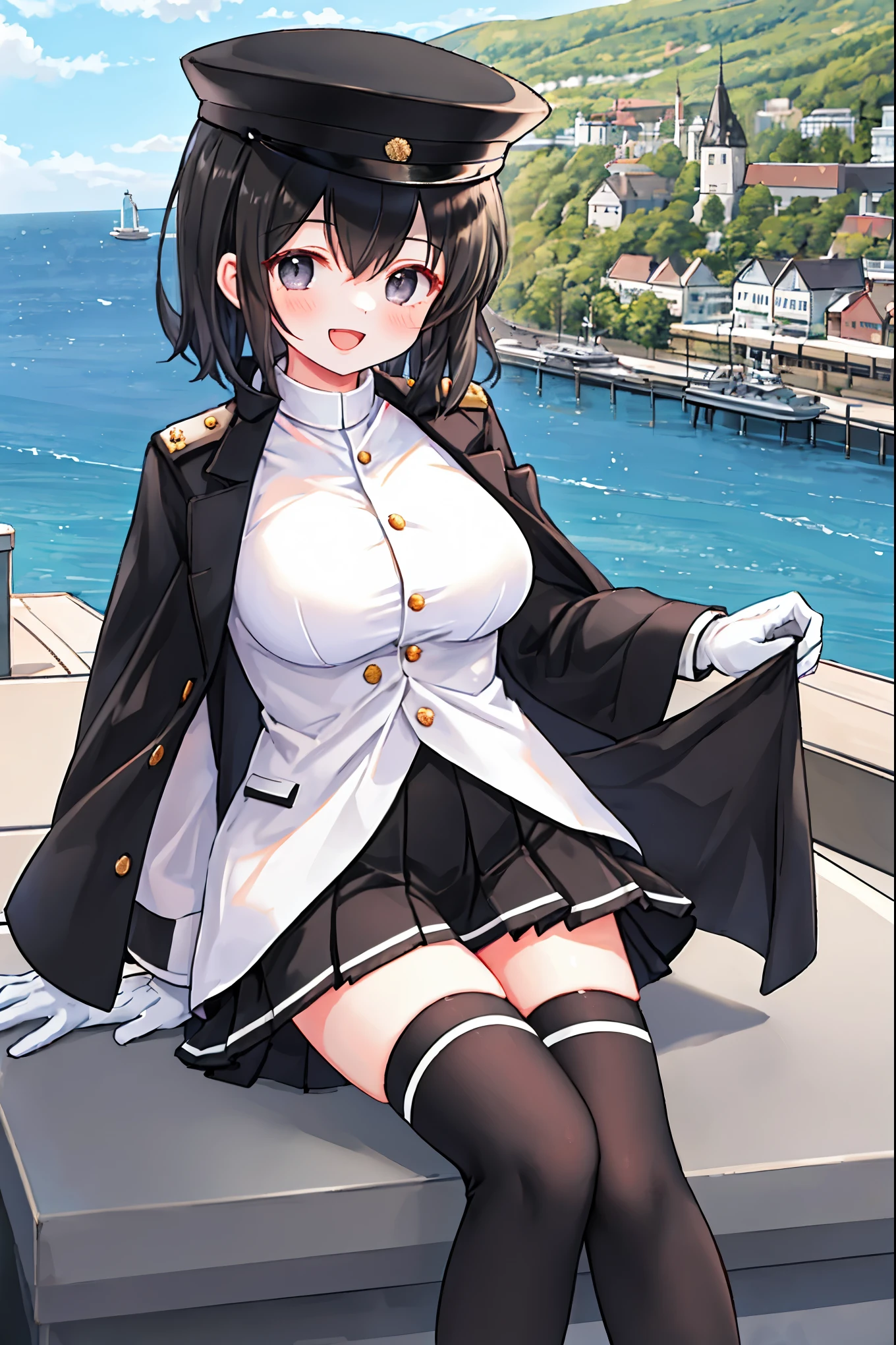 best quality, masterpiece, solo, {akitsu_maru_kantaicollection:1.15}, black_hair, short_hair, hat, peaked_cap, black_eyes, military, big_breasts, 1girl, black_headwear, looking_at_viewer,black_ military_uniform, uniform, military_hat, in_front_harbor_town_landscape_background, smile,(plump:0.7),,black_thigh-highs,joylight_open_mouth,