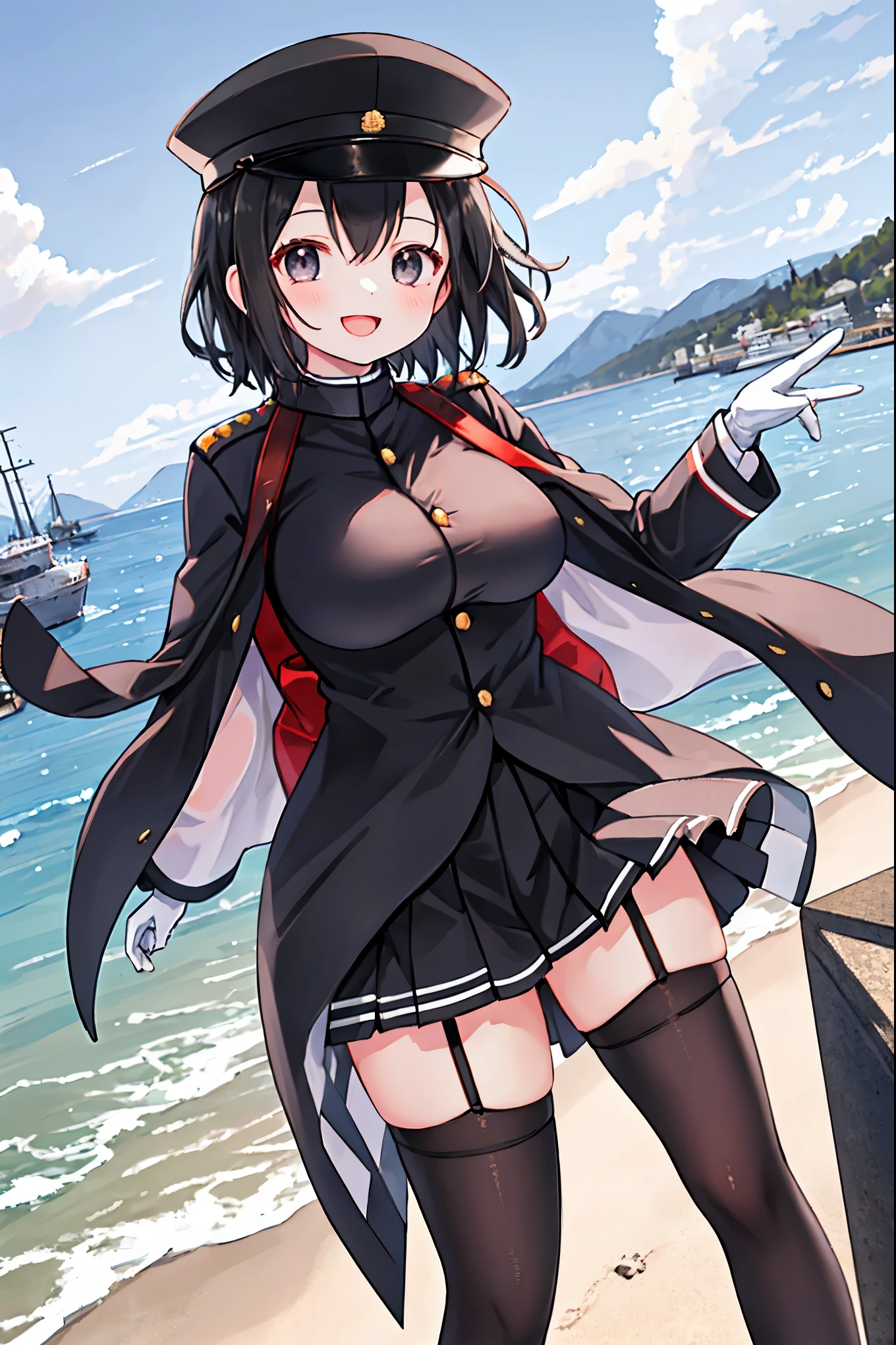 best quality, masterpiece, solo, {akitsu_maru_kantaicollection:1.15}, black_hair, short_hair, hat, peaked_cap, black_eyes, military, big_breasts, 1girl, black_headwear, looking_at_viewer,black_ military_uniform, uniform, military_hat, in_front_harbor_town_landscape_background, smile,(plump:0.7),,black_thigh-highs,joylight_open_mouth,