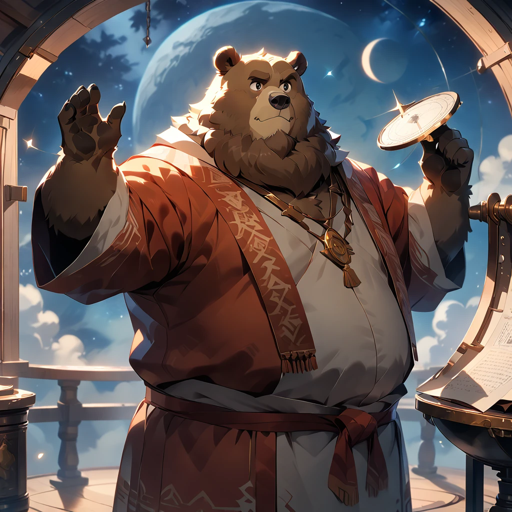 masterpiece, best quality, very aesthetic, absurdres, BREAK [face:full body:10], looking away, from above, astrologer, plump middle-aged bear man, fluffy body, tail, brown eyes, beautiful beard, male face, big face, square jawline, male eyes, sharp eyes, big eyes, male eyebrows, innocent look, BREAK little smile, standing arms rised in the air, searching for stars, dynamic pose, BREAK [simple background::12], starry sky, astronomical observatory, indoor,