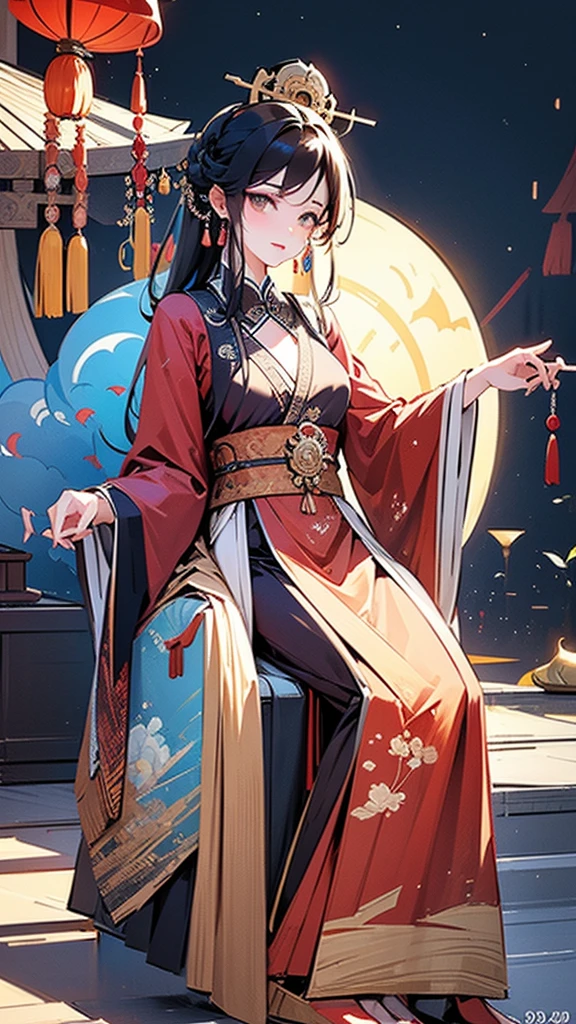 Chinese ancient living room decoration，Moon Palace Murals，Chinese goddess Chang&#39;e，long hair shawl,headgear，earrings，Wearing Chinese fairy costume，Sitting in a recliner，Moon Rabbit is helping to fan the wind