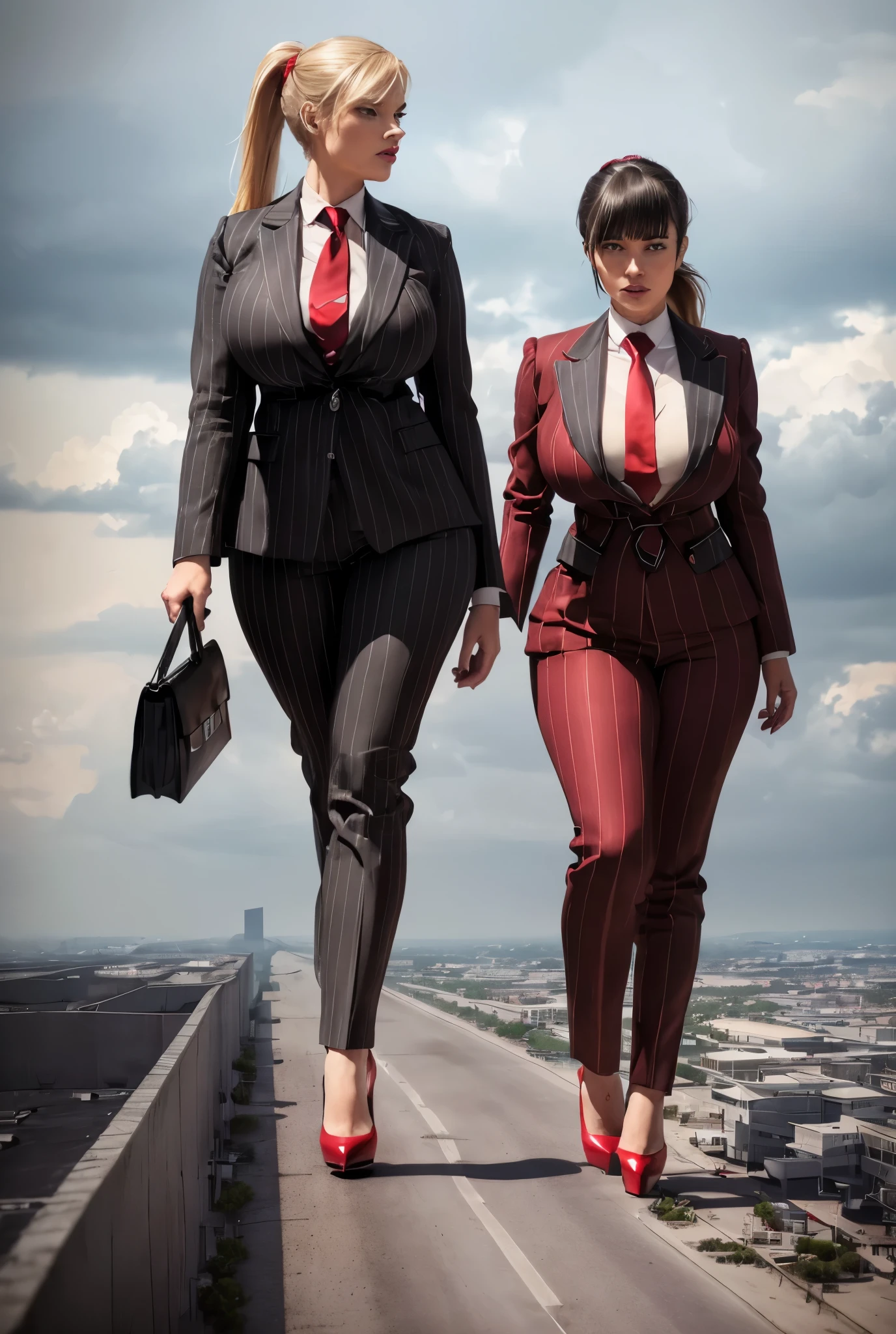 Two women aged 20 each wearing grey pinstriped trouser suits, white shirts heels and a larger paisley necktie. Large breast Young adult 1 woman, beautiful curves a massive curvy thighs blonde ponytail red lips wearing a perfect crimson pinstriped suit and blazer with a ((massive thick and massive red necktie, windosr knot the size of a fist)) white crisp shirt, massive breasts. Black Platform high heels, colossal breasts. Platform high heels , standing, most detailed, perfect face, Two legs, Five fingers, short hair, High resolution, highest quality, masterpiece,(masterpiece, best quality, best shadows, best shading, perfect hands, perfect face, cinematic lighting, colorful, ultra-detailed, beautiful photography, character focus, extremely-detailed, photorealistic, hyper photorealism, atmospheric), ), (office boss), (((walking, mid stride:1.2, stepping down on:1.2, stomping, crush, rampage)), (black patent Louboutin rounded toe pumps, high heels, platform heels), ((,)), ((long ponytail hair with front bangs)), (high altitude photography, satellite view), (curvy, , heaving bosom, legs), (mega city, urban sprawl, and small towns, buildings, roads), (((cloudy, overcast, clouds and atmosphere partly obscuring the subject:1.2, hazy atmosphere, haze in foreground, wispy clouds)))