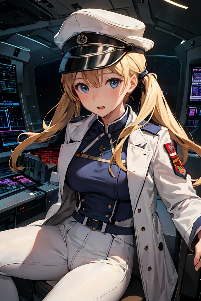 （（（​masterpiece、Top image quality、top-quality）））、（Illustration of one woman）、full bodyesbian、30-years old、（（（neuter）））、（（Blonde twintails））、Light golden eyes、（（（manspreading、Sitting in the captain's seat）））、（（Military uniforms））、（（Military Cap））、（（Military coat））、（white  clothes）、（White pants）、（White cap）、trench coat、（（Inside a futuristic spaceship、Surrounded by instruments and monitors、The Universe on the Monitor、Earth seen from space））