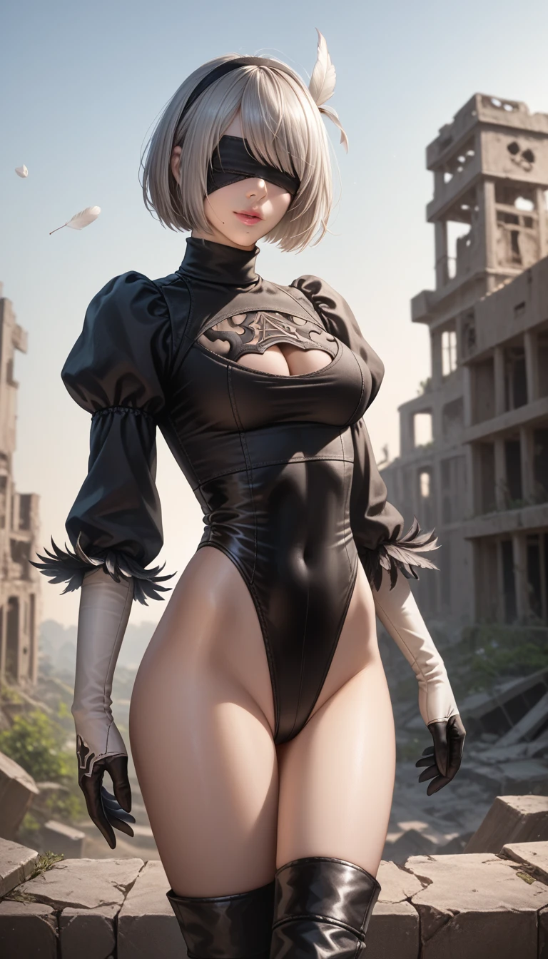 score_9, score_8_up, score_7_up, 32k,masterpiece, highest quality, 
photo realistic, vibrant colors, chiaroscuro lighting, cinematic lighting,
1 woman, inspired 2B nier automata,
bob cut, gray hair, bangs ,mole under mouth, blindfold, pink lips, 
2B leotard, cleavage cutout, long sleeve, Juliet sleeve, turtleneck, feather ornament, feather ornament sleeves, white gloves, black leather boots, 
ruins, a ruined world, a devastated battlefield, picturesque, beautiful scenery, fantastic night sky,
seductive pose, cinematic angle,