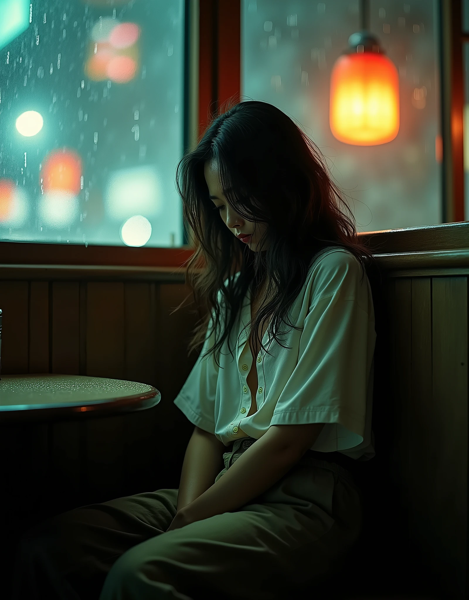 Professional photography, Wong Kar Wai movie lighting style, a charming sorrow Oriental beauty wearing vintage blouse and vintage khaki pants, she has messy long straight hair, she looking down, sitting lean back in corner of restaurant, window with raindrop, set in 80s Hongkong , bokeh