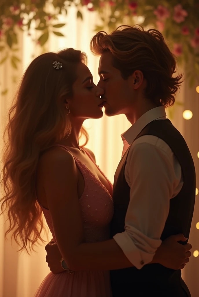 Romantic couples look at each other.,Blonde Boy,girl with brown hair,Fluorescent Stars,Glow effect,Heart-shaped bubbles,night,On a cruise ship,Clear and precise face,face detail,Super Resolution,Rim Chai Beach,16K resolution,High Quality,High image detail,dynamic view,Detailed pubic hair,Epic Photography,OC Display, Dance Floor, Wear a towel.