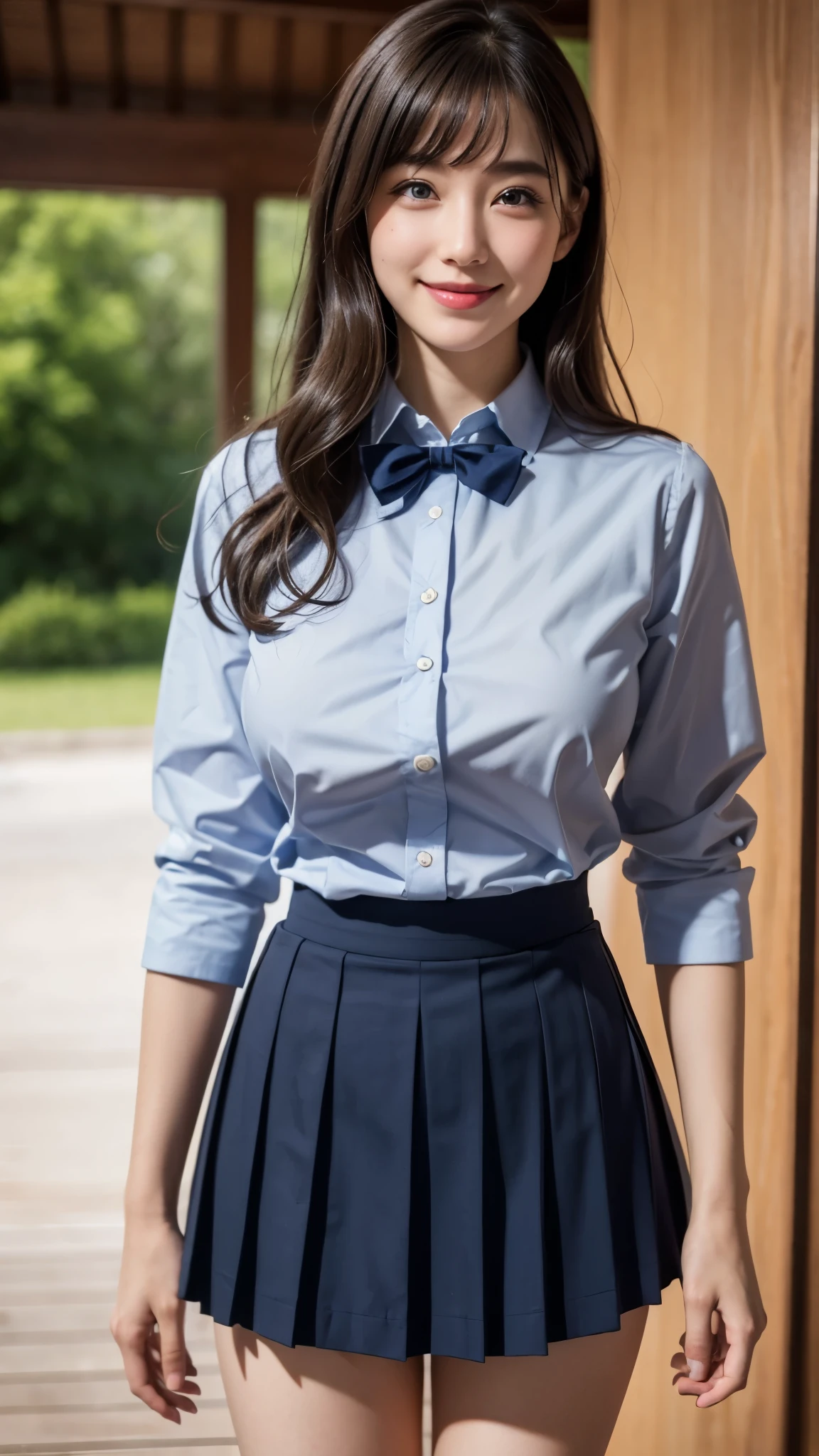 Very detailed CG ユニティ 8k 壁紙, Best Quality, Very detailed, masterpiece, Realistic, photo Realistic, Very detailed、、Wear a uniform、Navy Blue Skirt(((Roll up your skirt yourself))),  Random Sexy Panties , Panty Focus,A shy smile、 Red cheeks, Mouth open, View your viewers, Wavy hair in upper body shot