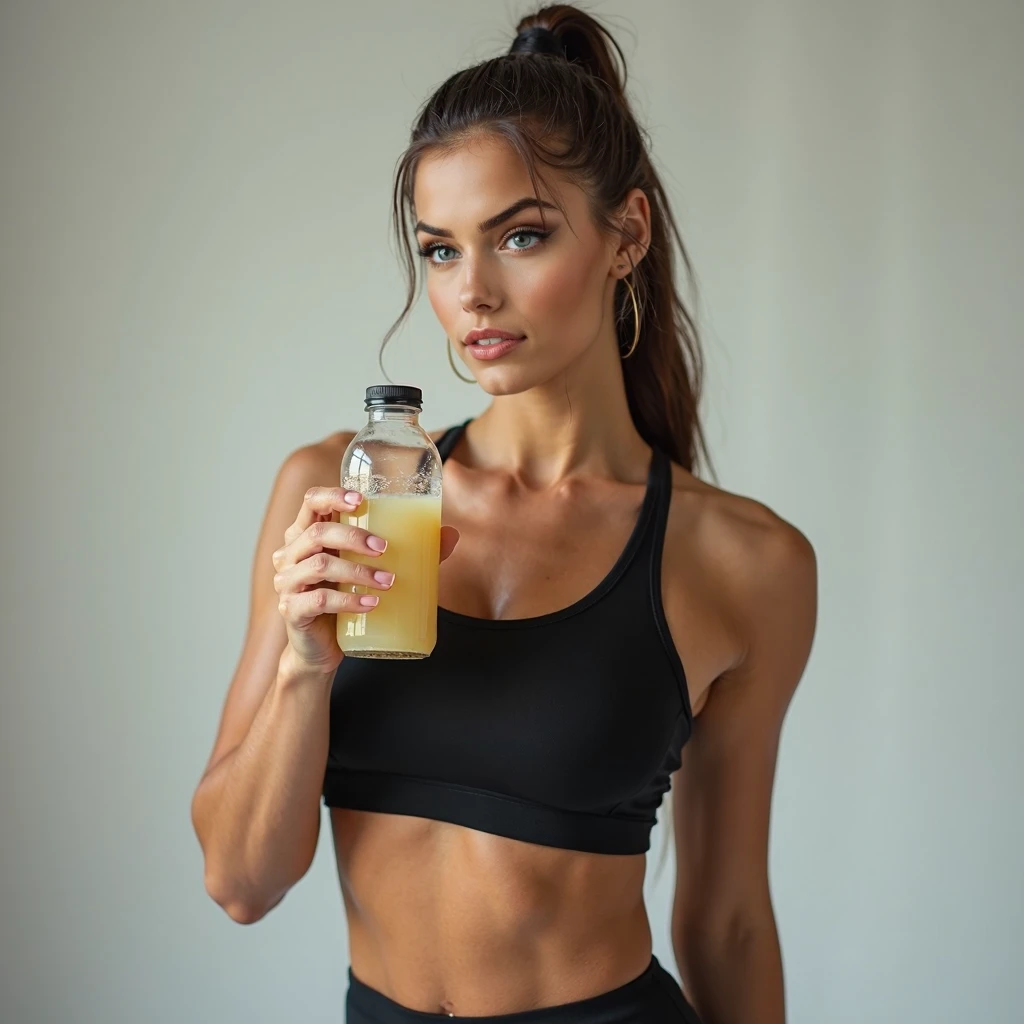 A girl mixes a shaker with protein in the gym