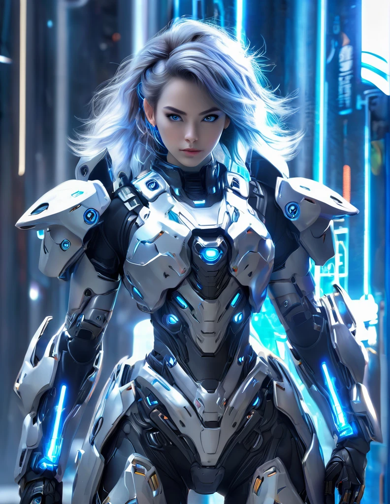 A woman wearing exoskeleton cyber armor, The armor fits snugly、((She has a plasma gun in her hand)), Full body photo, Maximum details, Superior quality through precise drawings, 8k,chest, blue eyes,  High resolution, 超High resolution, Best Quality, (She&#39;s wearing a circuit board dress with LED accents., Creates a futuristic atmosphere. Her hair is smoothly styled, Metallic bob with LED lights woven into it)Shortcuts, Big chest, Cinematic Lighting Effects, Futuristic beautiful purple haired woman, Shining blue eyes, Cyberpunk style woman, ((High tech spaceship interior with blue light illumination)), High quality images,Shortcuts, Bob Hair, Bob Hair, Very short hair, 