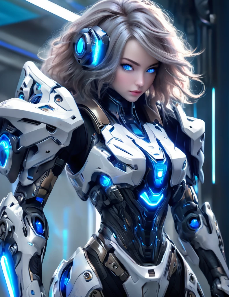 A woman wearing exoskeleton cyber armor, The armor fits snugly、((She has a plasma gun in her hand)), Full body photo, Maximum details, Superior quality through precise drawings, 8k,chest, blue eyes,  High resolution, 超High resolution, Best Quality, (She&#39;s wearing a circuit board dress with LED accents., Creates a futuristic atmosphere. Her hair is smoothly styled, Metallic bob with LED lights woven into it)Shortcuts, Big chest, Cinematic Lighting Effects, Futuristic beautiful purple haired woman, Shining blue eyes, Cyberpunk style woman, ((High tech spaceship interior with blue light illumination)), High quality images,Shortcuts, Bob Hair, Bob Hair, Very short hair, 