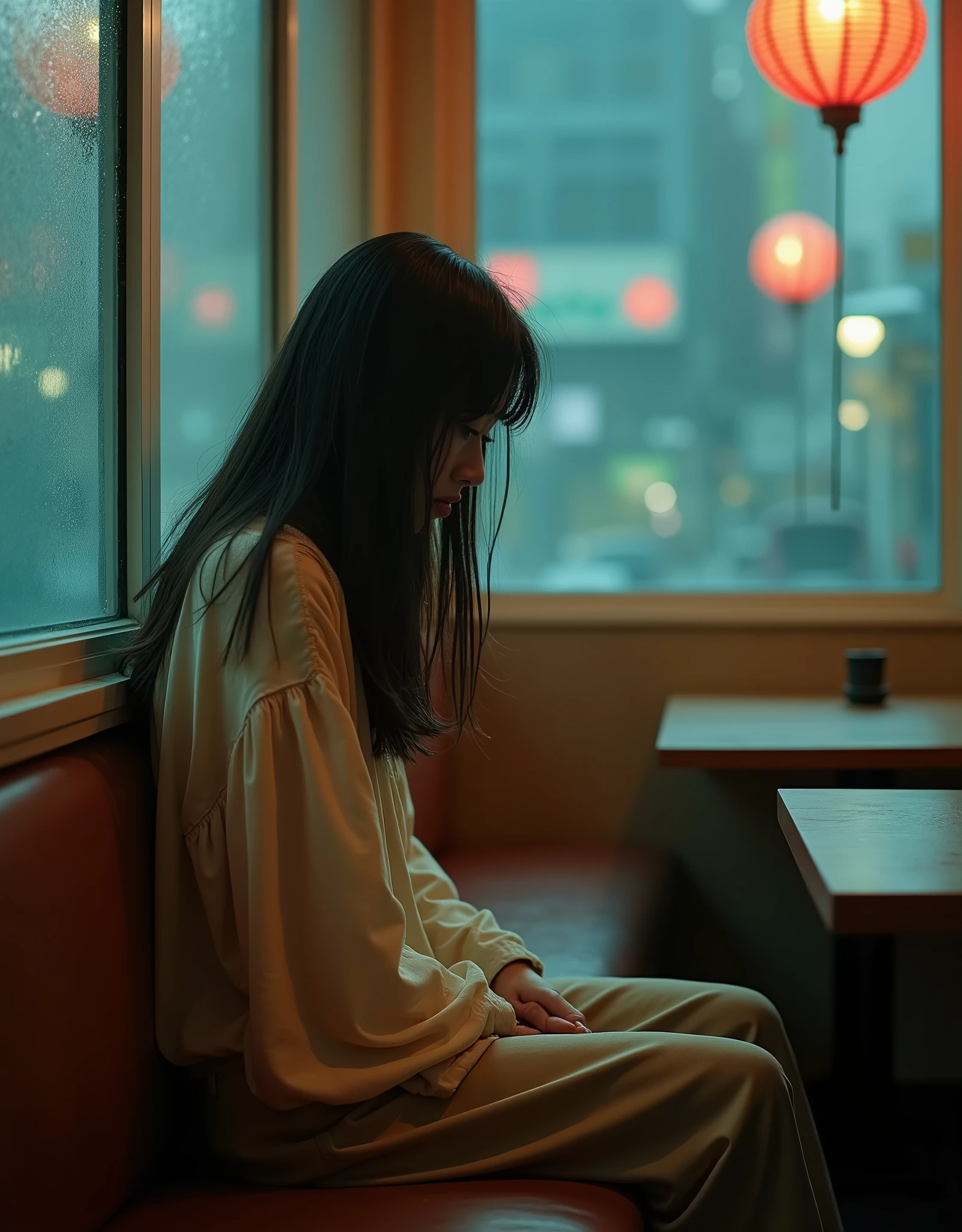 Professional photography, Wong Kar Wai movie lighting style, a charming sorrow Oriental beauty wearing vintage blouse and vintage khaki pants, she has messy long straight hair, she looking down, sitting lean back in corner of restaurant, window with raindrop, set in 80s Hongkong , bokeh