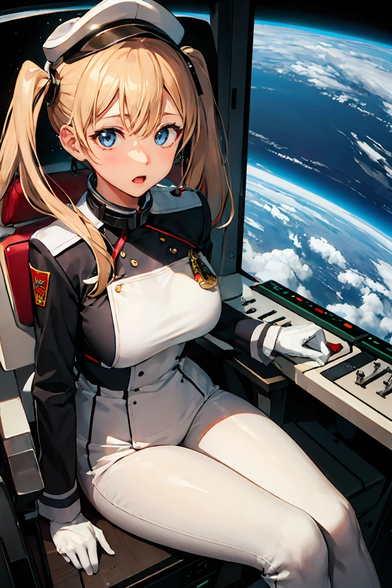 （（（​masterpiece、Top image quality、top-quality）））、（Illustration of one woman）、full bodyesbian、30-years old、（（（neuter）））、（（Blonde twintails））、Light golden eyes、（（（manspreading、Sitting in the captain's seat）））、（（Military uniforms））、（（Military Cap））、（（Military coat））、（white  clothes）、（White pants）、（White cap）、trench coat、（（Inside a futuristic spaceship、Surrounded by instruments and monitors、The Universe on the Monitor、Earth seen from space））、へそ、ミニスカート、パンティーショット、