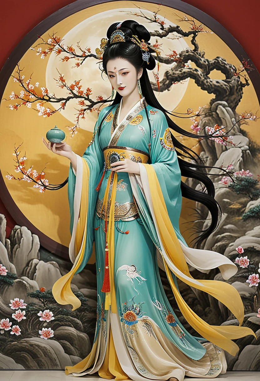 Chinese ancient living room decoration，Moon Palace Murals，Chinese goddess Chang&#39;e，long hair shawl,headgear，earrings，Wearing Chinese fairy costume，Sitting in a recliner，Moon Rabbit is helping to fan the wind