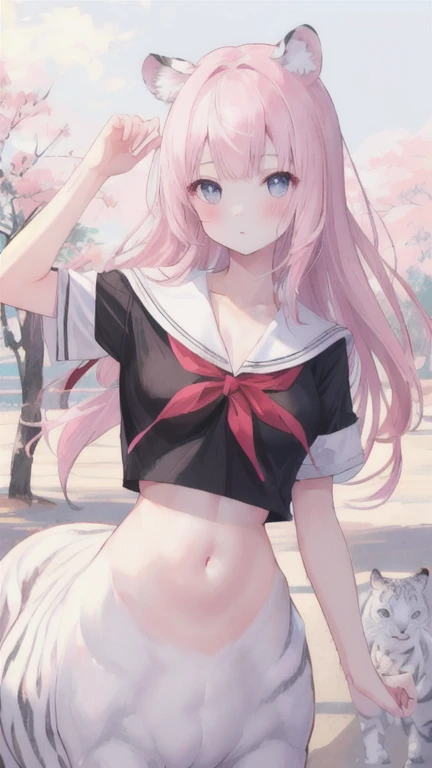 (best quality, masterpiece), 1 girl, centaur, I beg, White skin, Japanese schoolgirl,daughter,black pink, exposing the abdomen, belly button t-shirt , Beautiful girl perfect white tiger photo, Perfect jungle photo