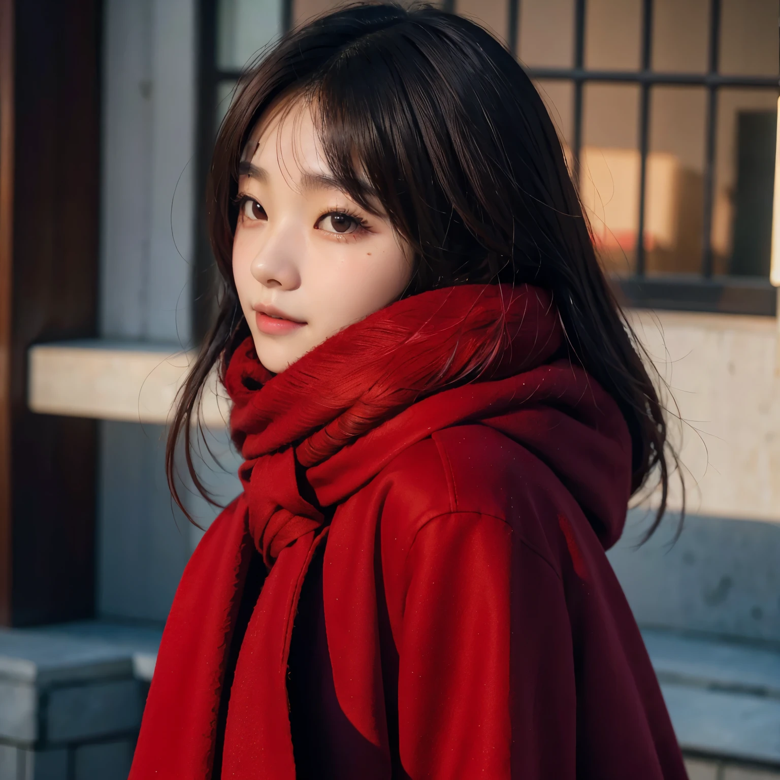 there is a woman with a red coat and a red scarf, jinyoung shin, heonhwa choe, janice sung, sha xi, wan adorable korean face, jaeyeon nam, chiho, headshot profile picture, sun yunjoo, ulzzang, lee ji - eun, lee ji-eun, she has a cute face