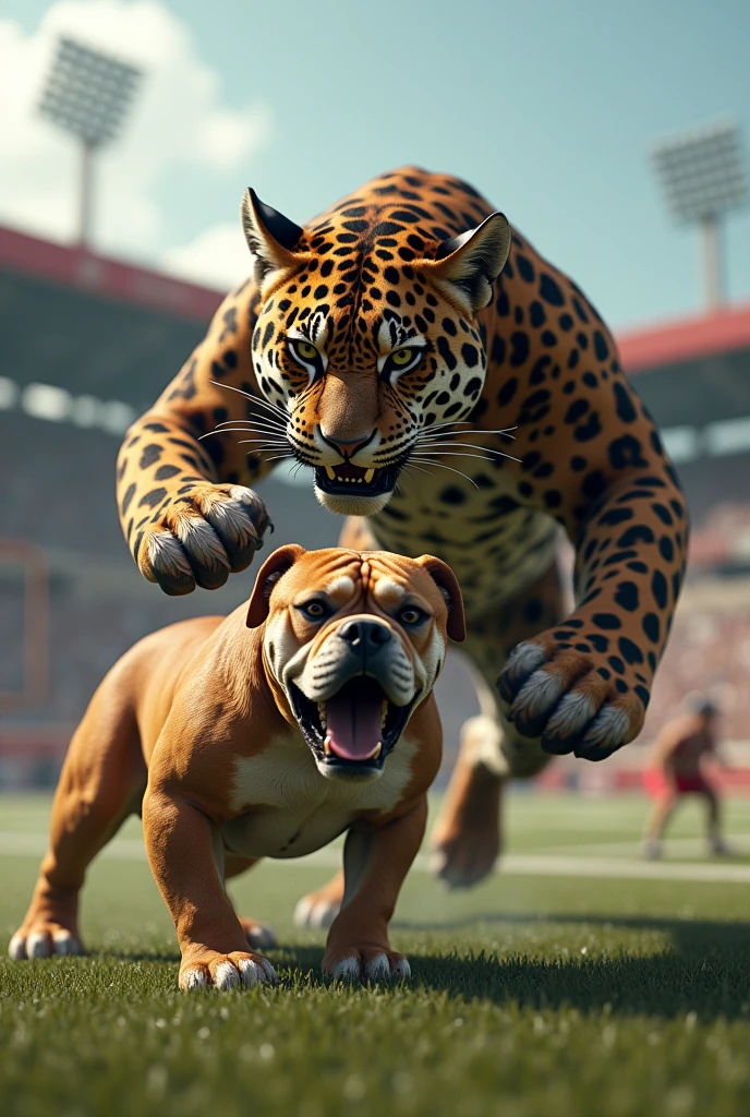 A dog fighting a dinosaur wearing boxing gloves in a WWE ring