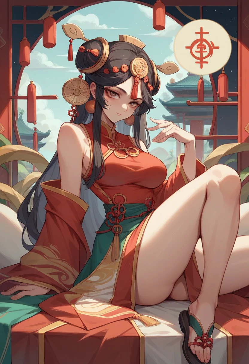 Chinese ancient living room decoration，Moon Palace Murals，Chinese goddess Chang&#39;e，long hair shawl,headgear，earrings，Wearing Chinese fairy costume，Sitting in a recliner，Moon Rabbit is helping to fan the wind