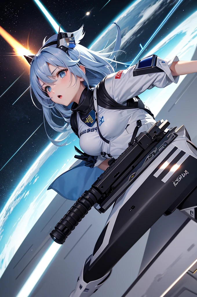 Anime girl holding a gun and a gun in front of the city, From the Azur Lane video game, Azur route style, fine details. Girls' Frontline, from Girls' Frontline, m4 sopmod ii Girls' Frontline, anime goddess, White-haired deity, Mechanized Warrior Girl, Azur Lane Characters, Girls' Frontline style, Girls' Frontline universe, Girls' Frontline cg,((Huge breasts,Cleavage))