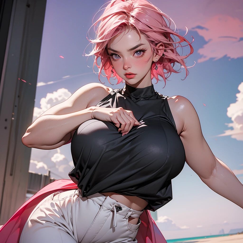 ((((Highest quality))))、(((Ultra-precision CG16K wallpaper)))、(((masterpiece)))、(((Very detailed)))、(((Attention to detail)))、((129 year old mature woman:1.6))、((人のとてもbeautiful日本の顔))、((Urizane Face:1.8))、((Soft wavy ponytail medium length hair、Blunt bangs:1.8))、(((Glowing pink hair:1.5)))、繊細に描かれたbeautiful顔、Dark Eyes、double eyelid、High nose、Small nostrils、Small Mouth、Seductive lips、beautiful breasts、((C cup size breasts))、beautiful feet、eight-headed body、Perfect proportions、Perfect Anatomy、Perfect composition、beautiful detailed shading、beautiful, Natural light、beautiful detail glow、Written boundary depth、(((High chroma)))、(((Genuine:1.9)))、((Vivid:1.5))、((beautiful Skin))、((Skin Texture))、((Genuineな皮膚感))、(((Cowboy Shot:1.6)))、((Front view、Shoot from the front、Front Low Angle:1.6))、(((Half-open mouth、Surprised face:1.3)))、((Women are watching this、View your viewers:1.6))、Bright sunlight、Natural light、(((Glass Square、cloud:1.5)))、(Standing pose:1.6)、(((Dark grey high neck sleeveless summer knit mini dress:1.6)))、((Scrunchie Ribbon、Wear earrings:1.5))、((Lace Stockings Clothed))、