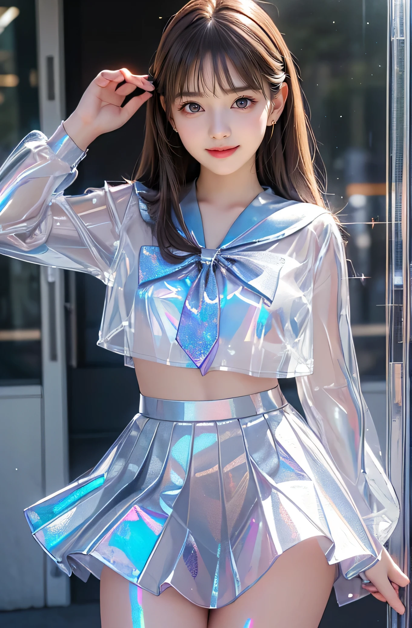 Very beautiful cute girl) (very cute face:1.2),(),(sparking clear attractive large eyes:1.2), Beautiful detailed eyes, Detailed double eyelids, smiling, (realistic photograph:1.1), in the street,
(super shiny silver transparent holographic sailor high school uniform:1.2),(super shiny silver transparent holographic pleated mini skirt :1.1),
(brown hair:1.2),professional portrait ,costume with very smooth and strong reflective surfaces