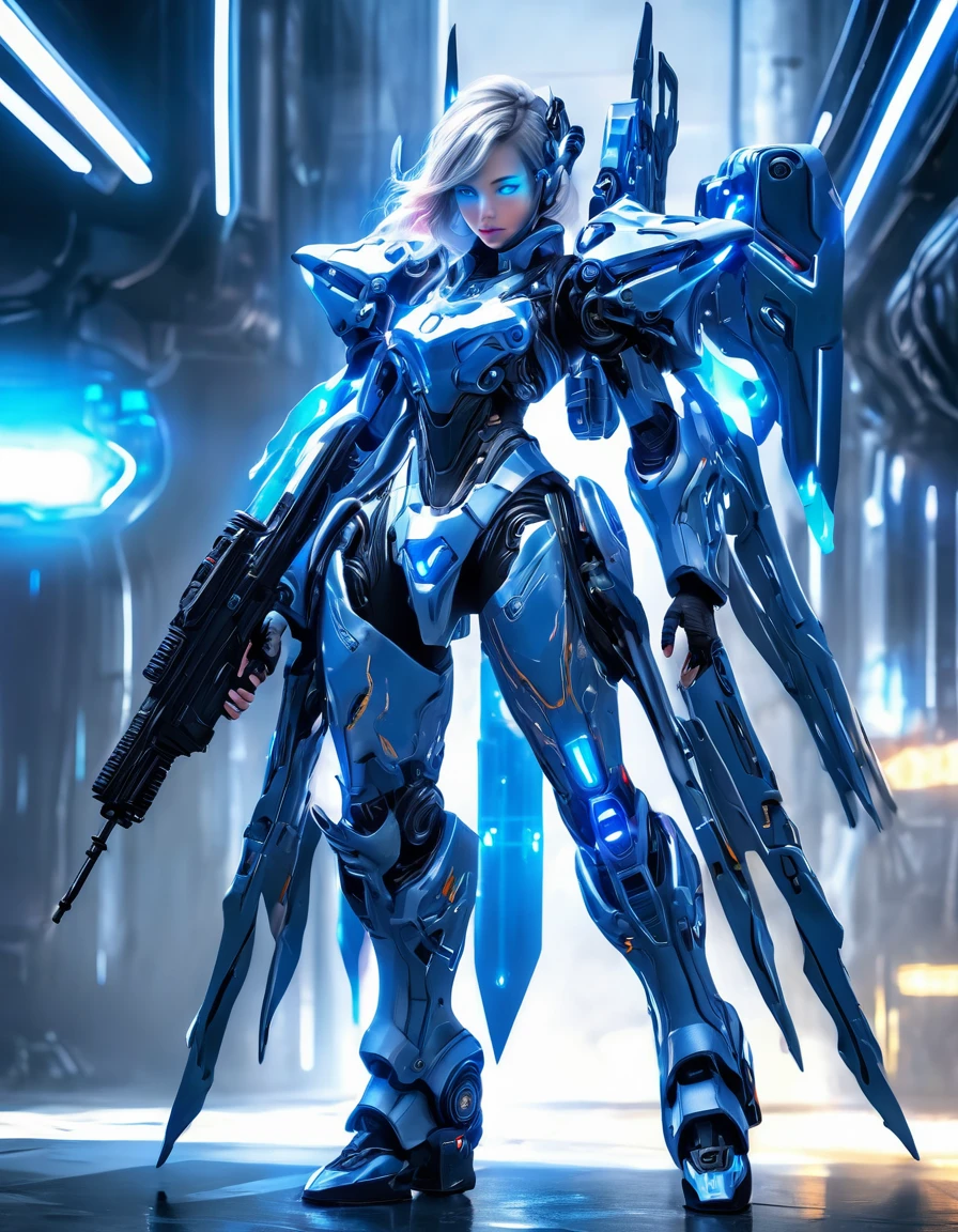 A woman wearing exoskeleton cyber armor, The armor fits snugly、((She has a plasma gun in her hand)), Full body photo, Maximum details, Superior quality through precise drawings, 8k,chest, blue eyes,  High resolution, 超High resolution, Best Quality, (She&#39;s wearing a circuit board dress with LED accents., Creates a futuristic atmosphere. Her hair is smoothly styled, Metallic bob with LED lights woven into it)Shortcuts, Big chest, Cinematic Lighting Effects, Futuristic beautiful dark haired woman, Shining blue eyes, Cyberpunk style woman, ((High tech spaceship interior with blue light illumination)), High quality images,Shortcuts, Bob Hair, Bob Hair, Very short hair, 