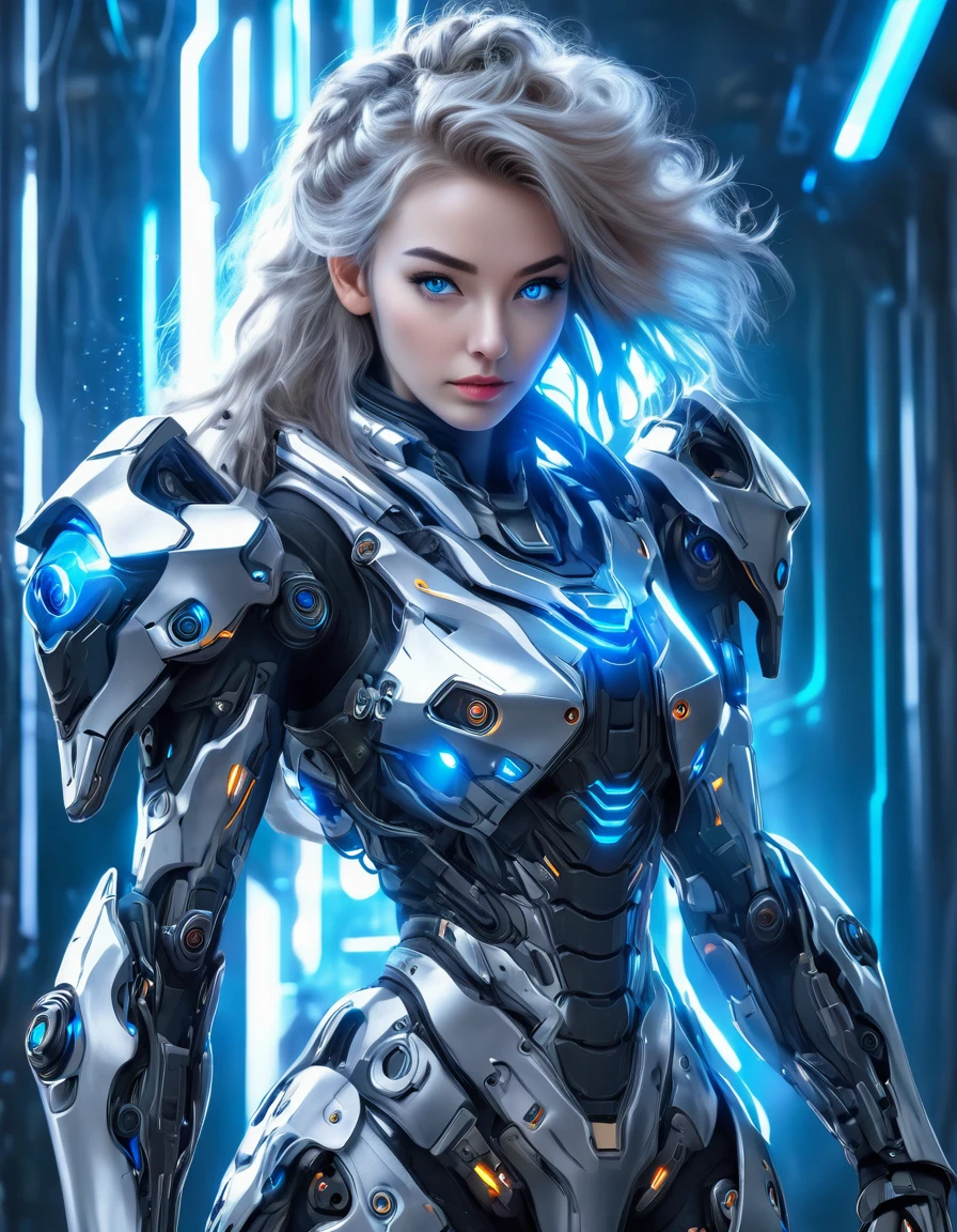 A woman wearing exoskeleton cyber armor, The armor fits snugly、((She has a plasma gun in her hand)), Full body photo, Maximum details, Superior quality through precise drawings, 8k,chest, blue eyes,  High resolution, 超High resolution, Best Quality, (She&#39;s wearing a circuit board dress with LED accents., Creates a futuristic atmosphere. Her hair is smoothly styled, Metallic bob with LED lights woven into it)Shortcuts, Big chest, Cinematic Lighting Effects, Futuristic beautiful dark haired woman, Shining blue eyes, Cyberpunk style woman, ((High tech spaceship interior with blue light illumination)), High quality images,Shortcuts, Bob Hair, Bob Hair, Very short hair, 