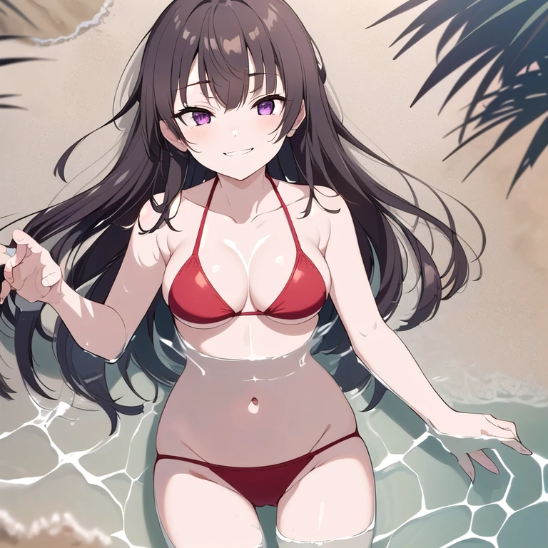 (((Full body shot))),masterpiece:1.2), Best Quality,((((High resolution)))), unity 8k wallpaper, (shape:0.8), ((((Highly detailed face)))), Perfect lighting, (((Highly detailed CG))),(((One Girl))), bangs, Black Hair,Blurred, Blurred background, Red cheeks, ((Purple eyes)), Brown Hair, Bush, Written boundary depth, Eyebrows visible through hair,Long Hair, Long Hair,((((Sandy Beach)))),((((((((lying)))))))),(Big Breasts),(((Red Bikini))),(((Red cheeks))),(((I can see your chest))),(((From above))),(((Thin legs))),(((((sea))))),(((((Legs submerged in water))))),((Teeth are visible)),((Squint your eyes)),(((((evil smile))))),((full moon))