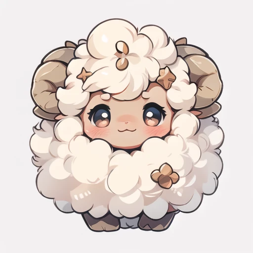 solo,   Black Face,   looking at viewer, blush, smile, simple background, closed mouth, horns, no humans, :3,  sheep, fluffy