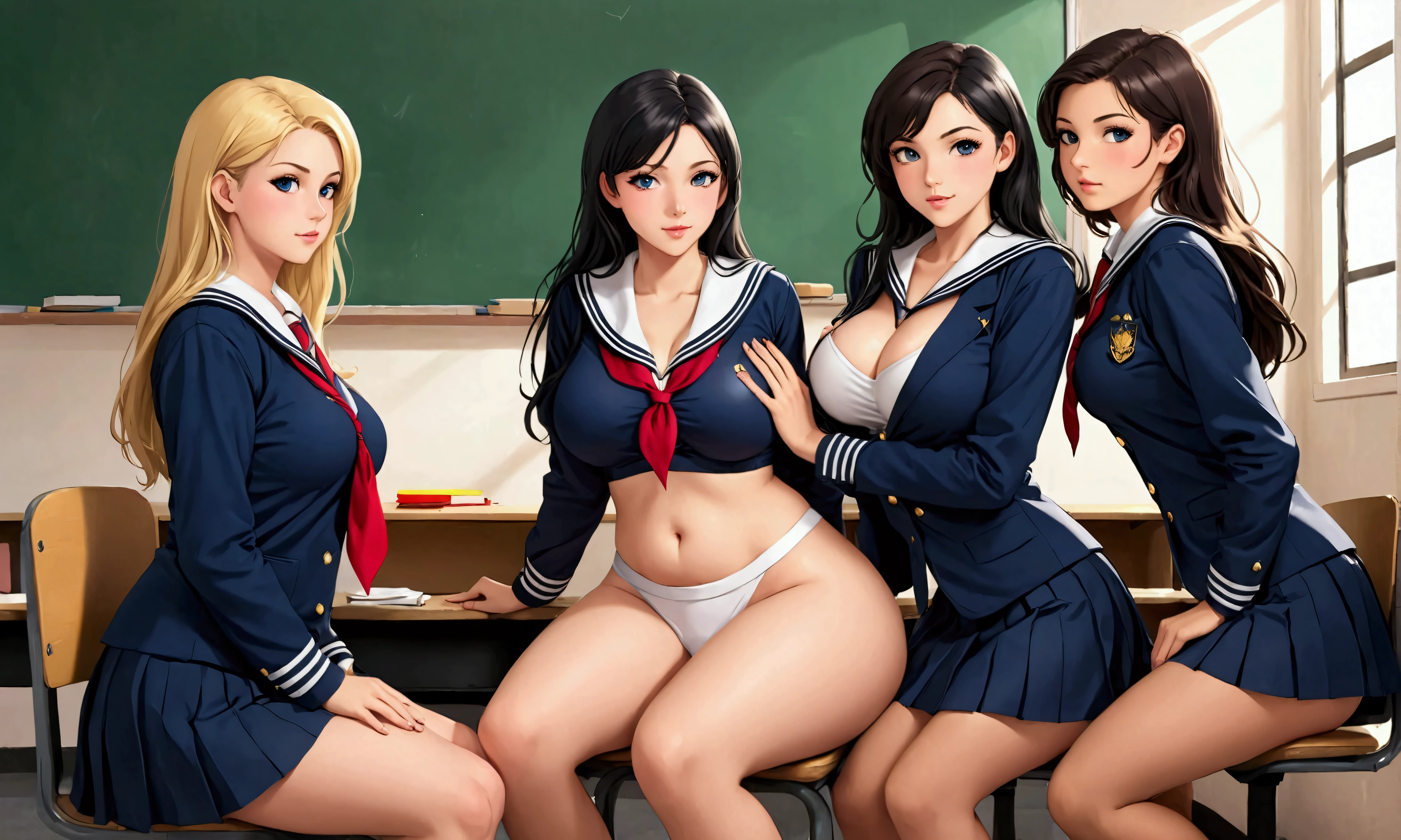 (extreme complexity, multiple subjects)A couple of sexy college girls (age 18, giga breasts, model face, big butt, hourglass figure, slutty sailor school uniforms), they are teasing caressing and pleasing their professor, their professor ((woman, age 40, slutty teacher outfit, enormous lactating breasts, nice over all build) back to the viewer sitting in a student chair, she is expressing milk from one of her breasts for her students to drink and caressing her vagina), lesbian heat, lesbian seduction, thirst trap, easy a
