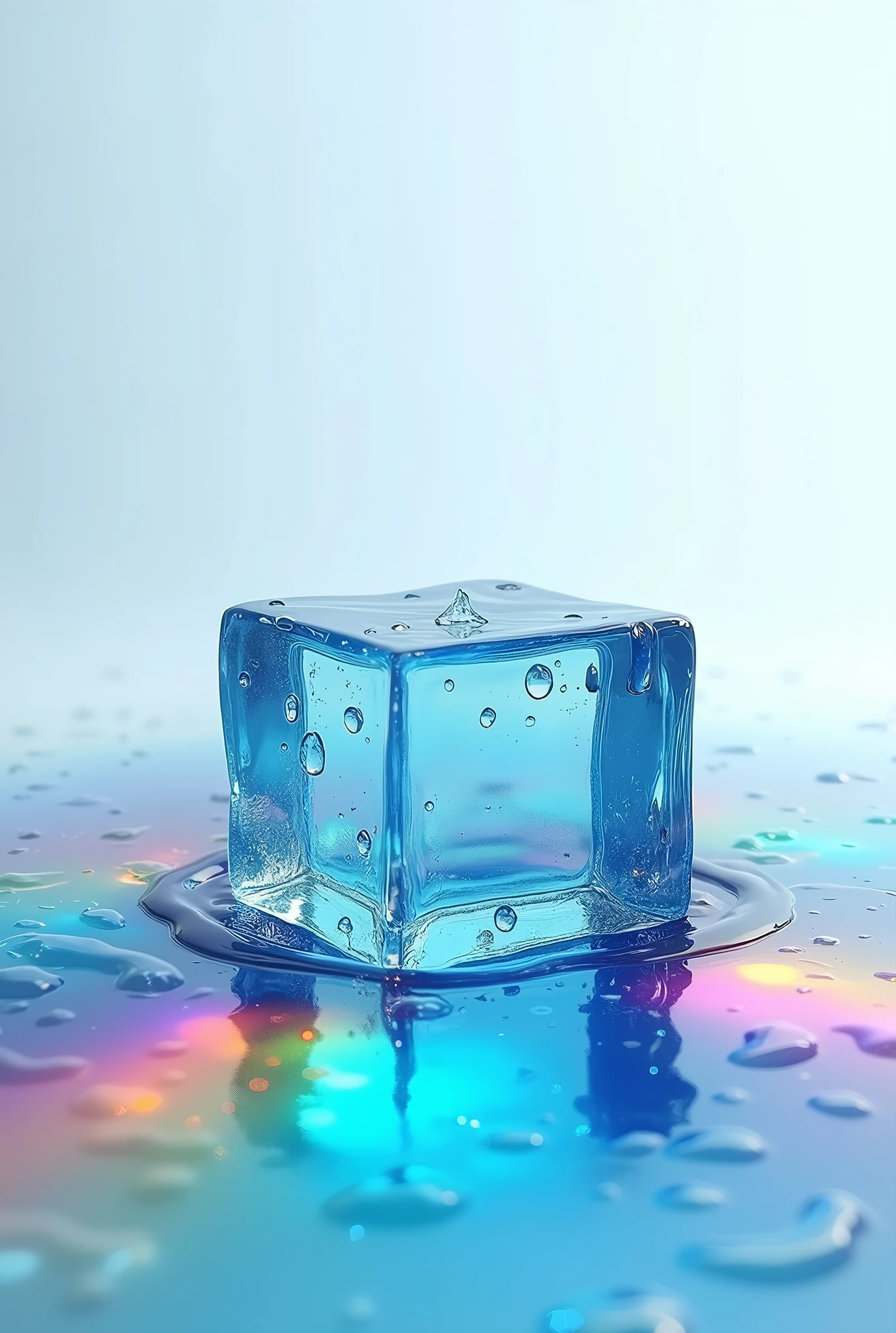 Deep blue square ice、It melts into light rainbow-colored water.、A soft feel like colored pencils