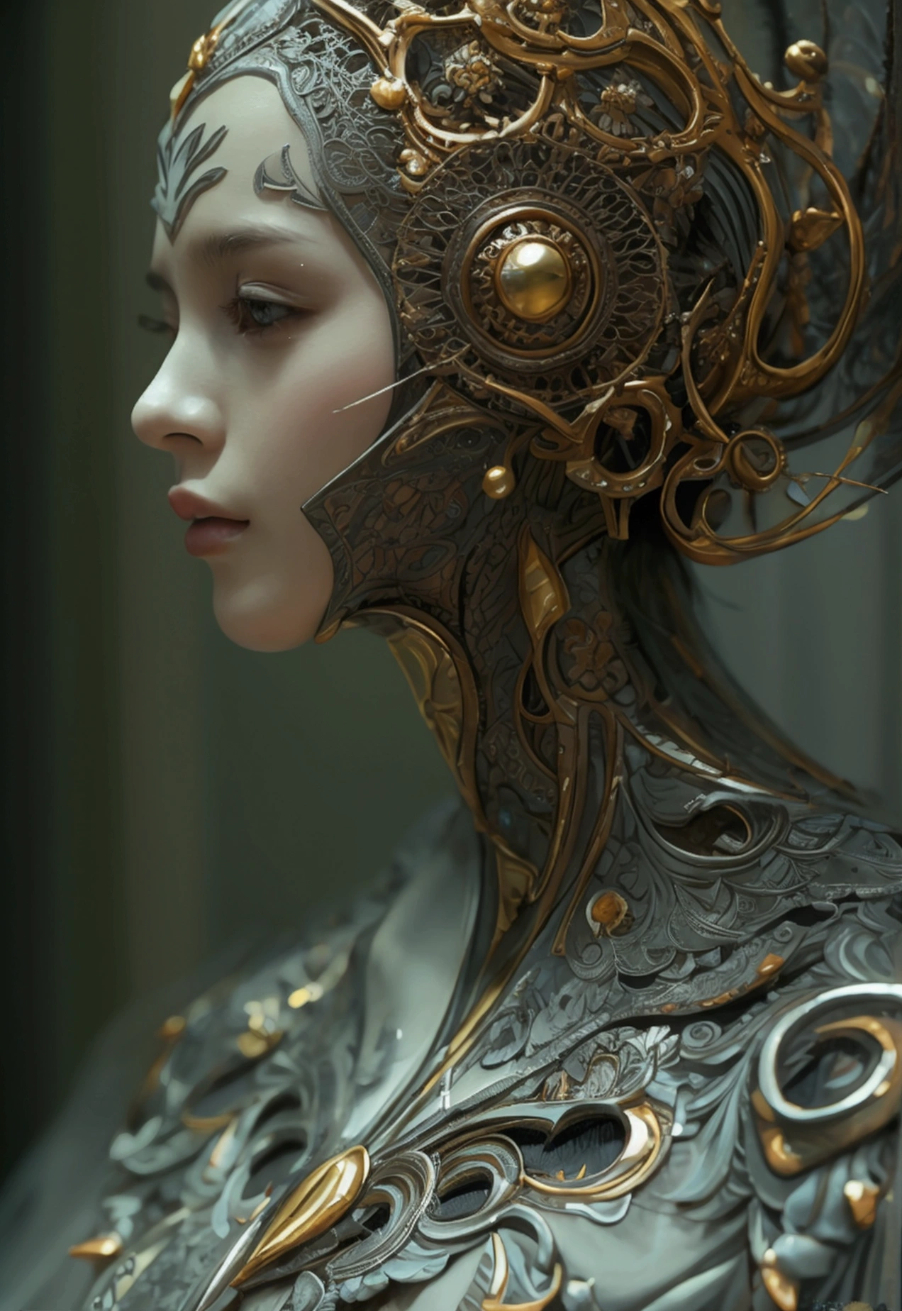 complex 3d render ultra detailed of a beautiful porcelain profile woman android face, cyborg, robotic parts, 150 mm, beautiful studio soft light, rim light, vibrant details, luxurious cyberpunk, lace, hyperrealistic, anatomical, facial muscles, cable electric wires, microchip, elegant, beautiful background, octane render, H. R. Giger style, 8k, best quality, masterpiece, illustration, an extremely delicate and beautiful, extremely detailed ,CG ,unity ,wallpaper, (realistic, photo-realistic:1.37),Amazing, finely detail, masterpiece,best quality,official art, extremely detailed CG unity 8k wallpaper, absurdres, incredibly absurdres, , robot, silver halmet, full body, sitting