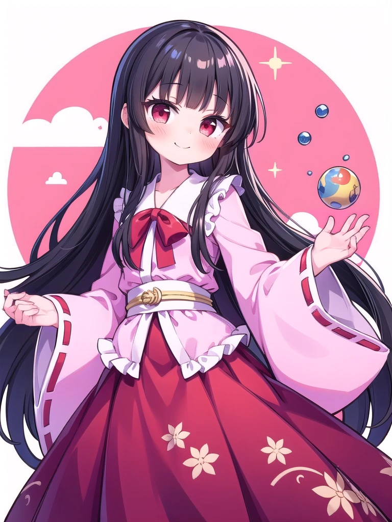 1girl, masterpiece, best quality, perfect hands, blush, smile, closed mouth, houraisan kaguya, black hair, long hair, very long hair, red eyes, skirt, long dress, red skirt, wide sleeves, jeweled branch of hourai, pink shirt, white neck ribbon, blunt bangs