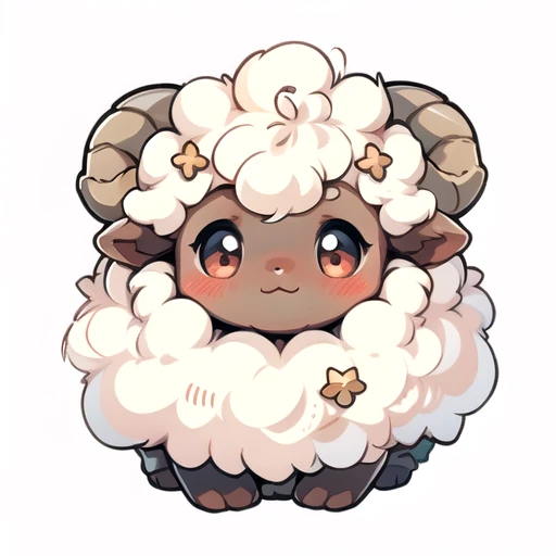 solo,   Black Face,   looking at viewer, blush, smile, simple background, closed mouth, horns, no humans, :3,  sheep, fluffy