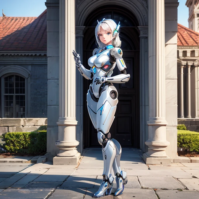There is a woman in a robot suit posing next to an ancient building, Beautiful white girl half cyborg, Cute cyborg girl, Beautiful girl cyborg, Perfect Robot Girl, Cyborg girl, Young cyborg grady, Beautiful Female Robot, Beautiful robot woman, cyborg girl, perfect cyborg female, porcelain cyborg, Female robot, Beautiful cyborg images,ahoge,sweet smile,