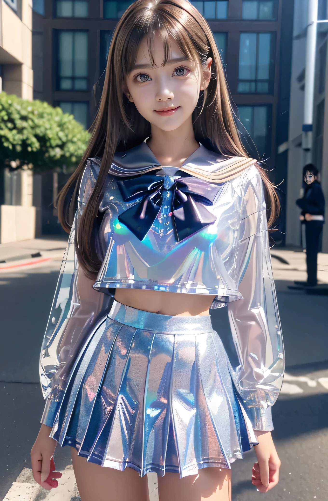 Very beautiful cute girl) (very cute face:1.2),(),(sparking clear attractive large eyes:1.2), Beautiful detailed eyes, Detailed double eyelids, smiling, (realistic photograph:1.1), in the street,
(super shiny silver transparent holographic sailor high school uniform:1.2),(super shiny silver transparent holographic pleated mini skirt :1.1),
(brown hair:1.2),professional portrait ,costume with very smooth and strong reflective surfaces