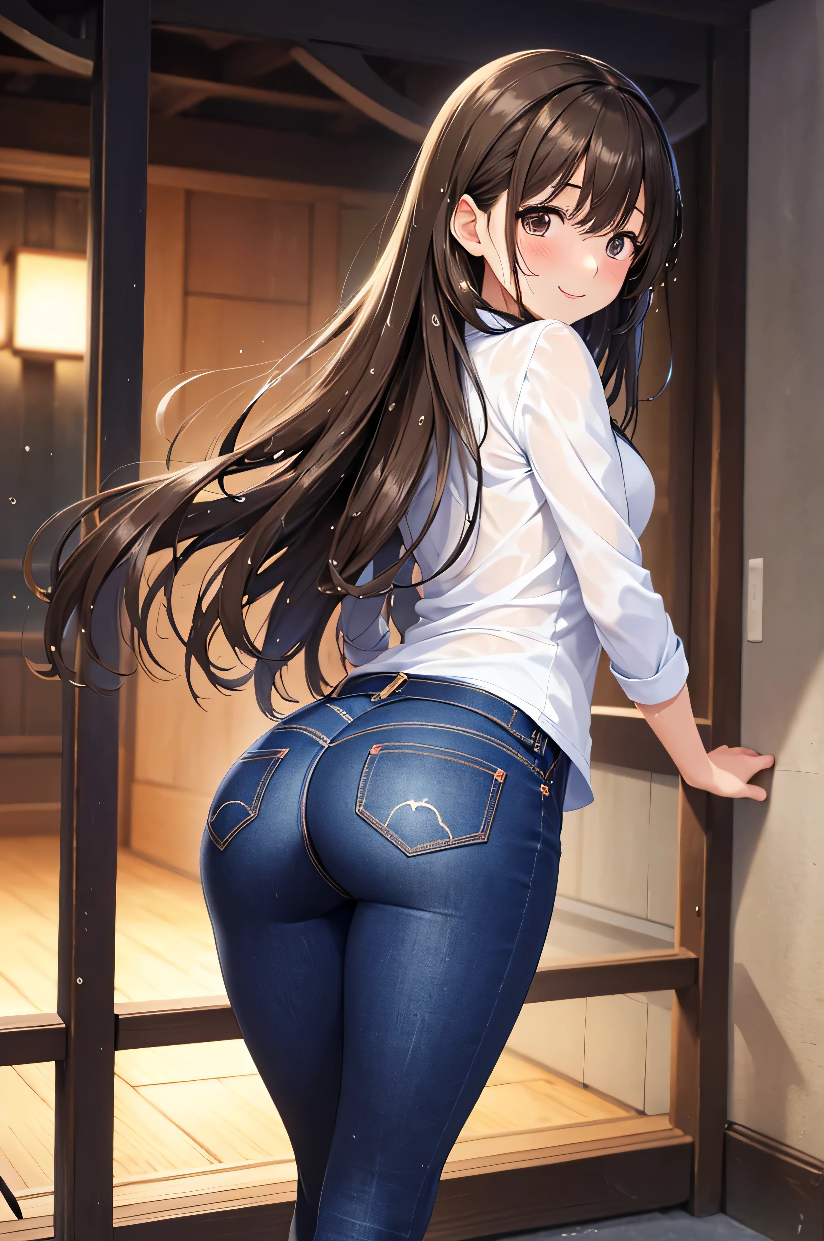 8k , masterpiece,best quality,ultra detailed, 1 female, blush, smile , Cute girl anime visuals, Beautiful Anime Girls, Smooth anime CG art, Official artwork, Fascinating anime , ((pantyhose under dark jeans ,Buckshot、Looking Back、Beautiful woman))、(Young girl)、(Genuine、photoGenuineistic、Very detailed、Best Detail Skin、Highest quality、masterpiece、Ultra-high resolution)、The lighting is bright、Stick your butt out , Small Ass , slim body,(wet:1.1), ズボンの下半身がwet