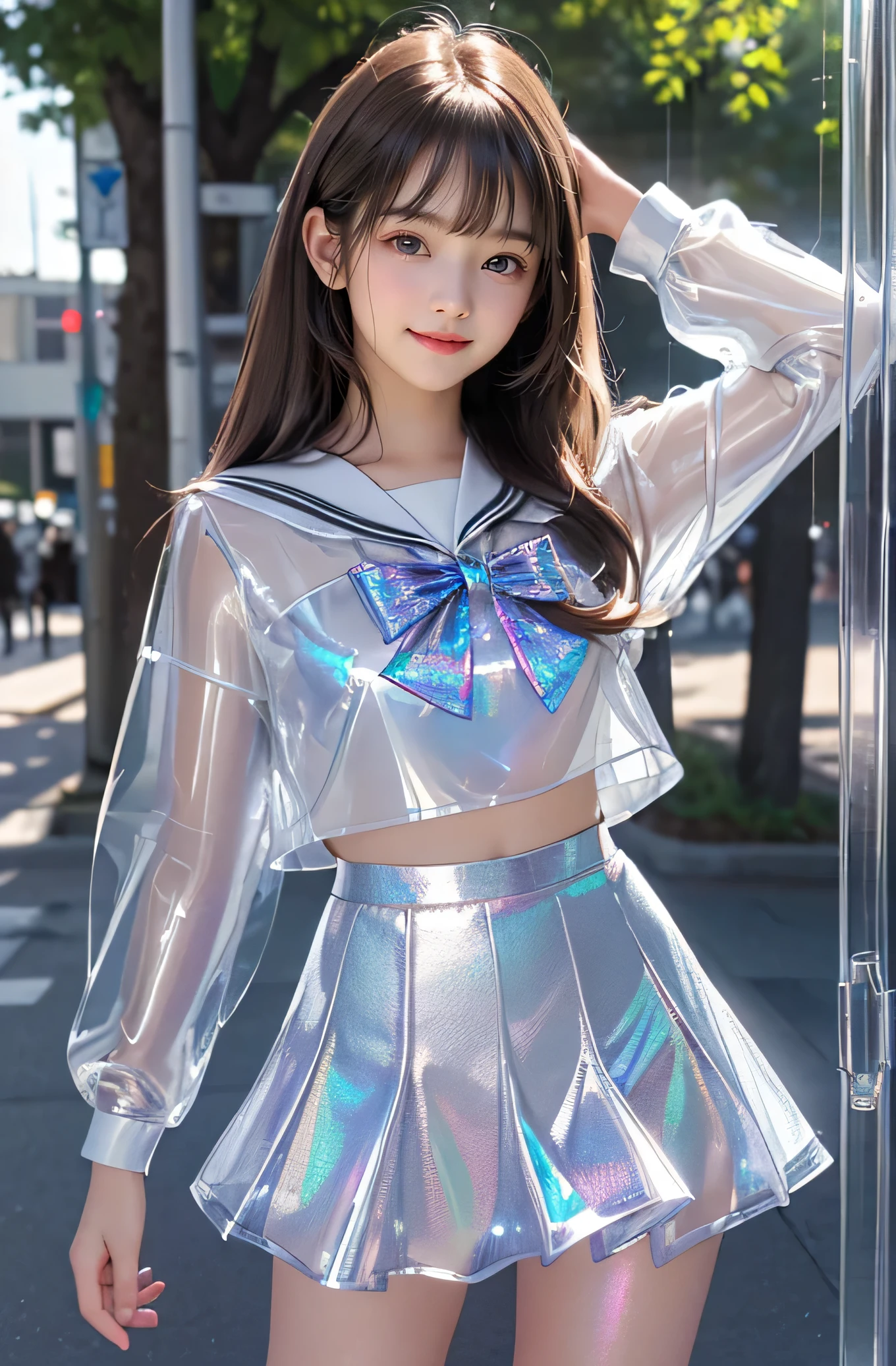 Very beautiful cute girl) (very cute face:1.2),(baby face),(sparking clear attractive large eyes:1.2), Beautiful detailed eyes, Detailed double eyelids, smiling, (realistic photograph:1.1), in the street,
(super shiny silver transparent holographic sailor high school uniform:1.2),(super shiny silver transparent holographic pleated mini skirt :1.1),
(brown hair:1.2),professional portrait ,costume with very smooth and strong reflective surfaces 