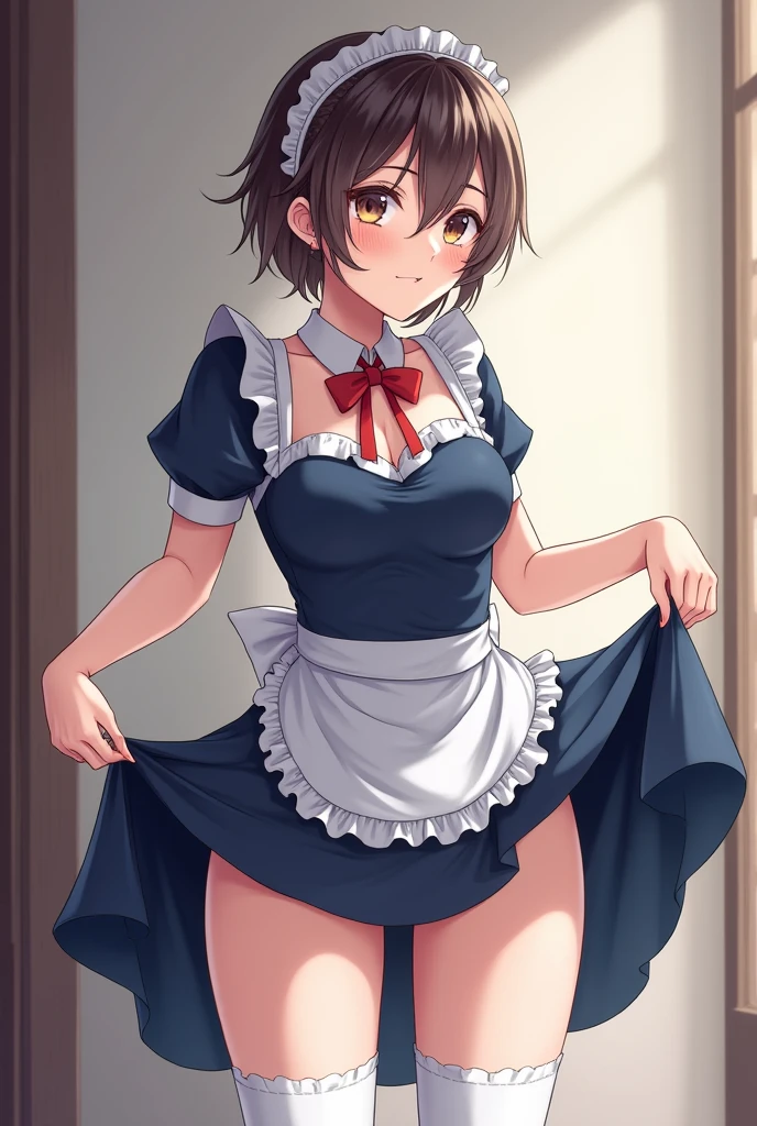 Busty anime maid posing naked in the kitchen, a hyperreal high school girl, hyperreal high school girl,  in a dress, Small curves , real high school girl, (software) safe for work, cute , seductive anime girl, gorgeous maid, Anime girl in a maid costume, beautiful anime art, [ 4K digital art ]!!, Also