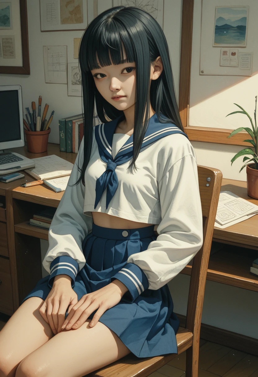 (KWAII,asian,drama,imagem sem fundo,watercolor:1.1)black hair,long hair,straight hair,blunt bangs,small breasts,dark blue sailor collar,white sailor shirt,long sleeves,dark blue skirt,sitting on chair,desk,room