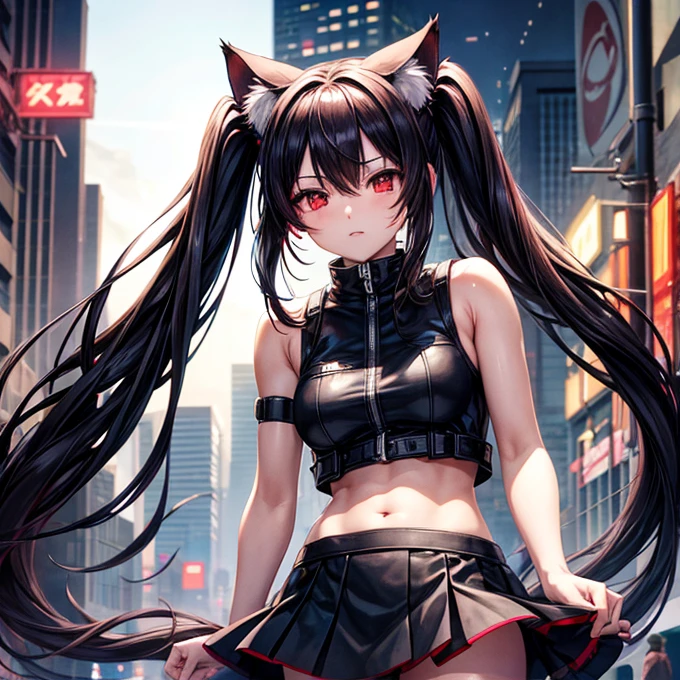 long hair with pink twin tails,,,、Black Skin Jean、black mini skirt、Full body Esbian、cute smile、Urban streetscape、solo、Chi, 詳細なdigital anime art, digital anime art, cute detailed digital art, anime fantasy illustration, プレミアムdigital anime art, anime style digital art, anime style 4k, beautiful anime portrait, digital anime illustration, 2.5D CGI Anime Fantasy Artwork, anime art wallpaper 4k