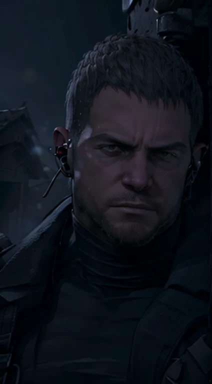 Dark gothic village in the background, old Chris Redfield from Resident Evil 8, 4, muscular male, tall and hunk, black cold turtleneck, straps, earpiece, beard, handsome face, deadpan, video games style, high resolution:1.2, best quality, masterpiece, dark nightime, dark atmosphere, volumetric lighting, shadow, portrait, face close up, looking at viewer