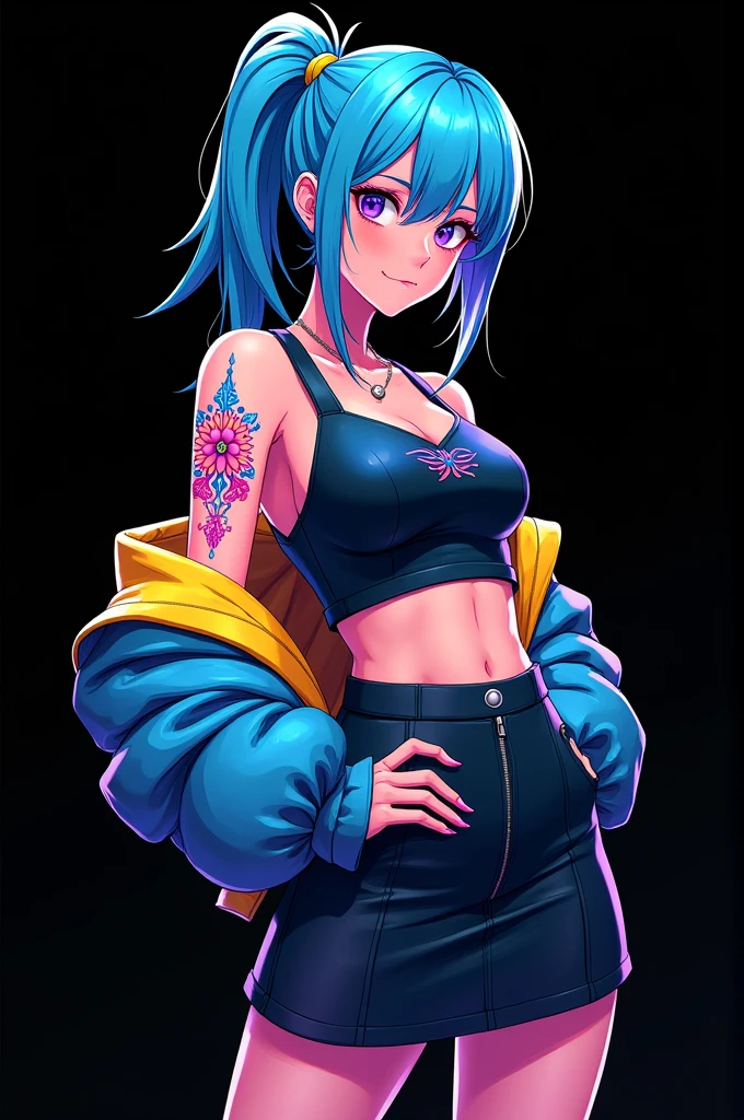 best quality,masterpiece,HDR,UHD,8K,masterpiece,Highly detailed,1girl,short hair,(upper body:1.1),detailed face,simple background,dress,medium size breasts,bare shoulders,girl,solo,blonde hair,twintails,jacket,short shorts,pantyhose,torn pantyhose,crop top,torn clothes,blood,clothes writing,makeup,blue eyes,eyeshadow,blue hair,midriff,navel,gloves,fishnets,multicolored clothes,belt,bracelet,spiked bracelet,multicolored hair,collar,graffiti,