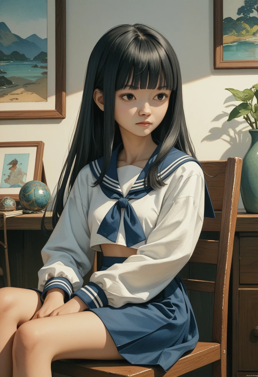 (KWAII,asian,drama,imagem sem fundo,watercolor:1.1)black hair,long hair,straight hair,blunt bangs,small breasts,dark blue sailor collar,white sailor shirt,long sleeves,dark blue skirt,sitting on chair,study,room