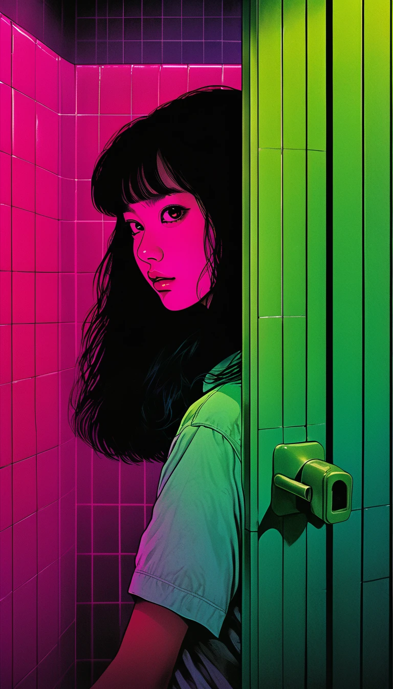 Illustration、art、80s Thai horror movie poster, Supervised by Junji Ito、(high school student:1.0)、Bathroom、Attention to detail, Realistic Shadows、Analog Style, chromatic aberration, Surrealism、Complementary Gradient