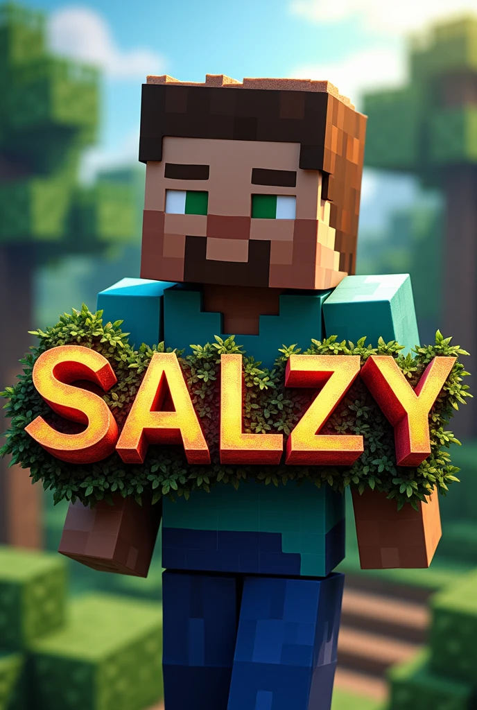 Create a minecraft youtube logo using salzy name and have a beautiful skin like sb737