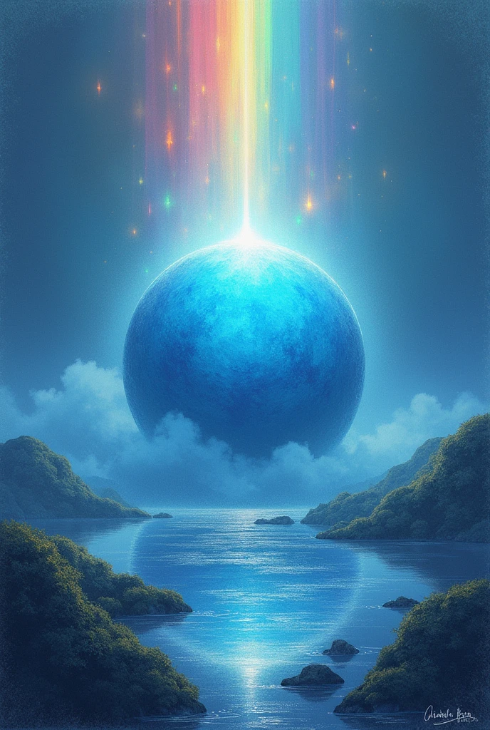 A deep blue sphere of mist、It melts into a pale rainbow light、Illustrations that look like they were drawn with colored pencils、Fantastic landscape