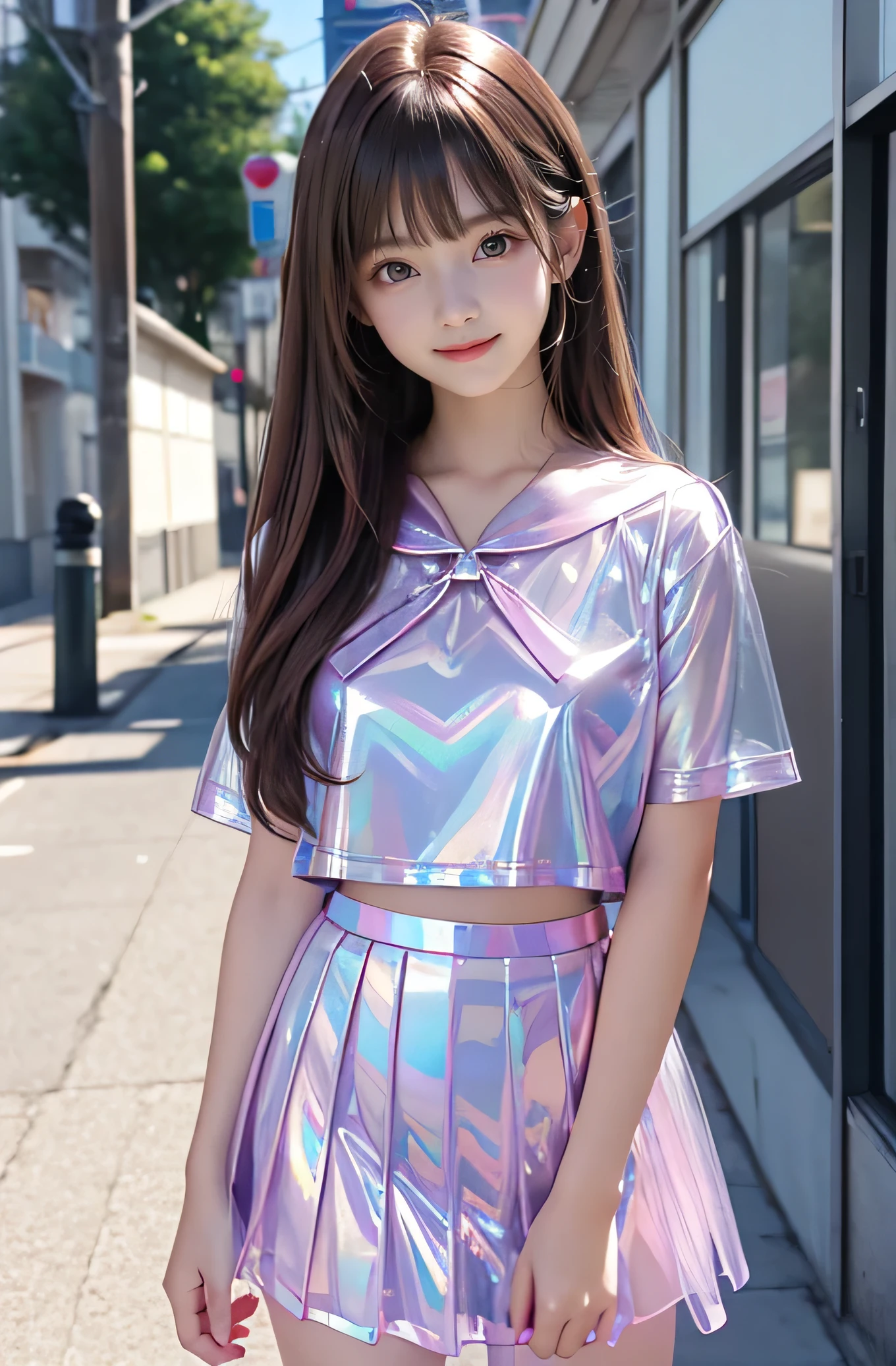 Very beautiful cute girl) (very cute face:1.2),(),(sparking clear attractive large eyes:1.2), Beautiful detailed eyes, Detailed double eyelids, smiling, (realistic photograph:1.1), in the street,
(super shiny metallic pink transparent holographic sailor high school uniform:1.2),(super shiny metallic pink transparent holographic pleated mini skirt :1.1),
(brown hair:1.2),professional portrait ,costume with very smooth and strong reflective surfaces 