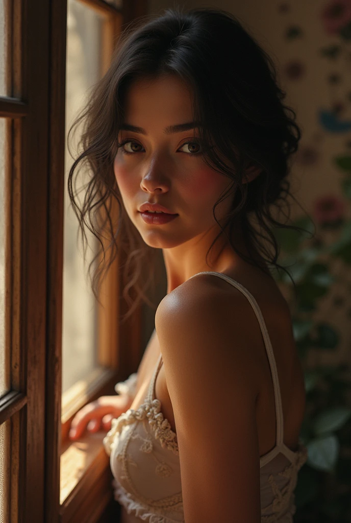 A beautiful woman leaning on the coffee shop counter, standing near a large window where the light is soft, Diffused sunlight enters, creating a point of natural light on it. The light emphasizes her facial features, casting subtle shadows that highlight the shape of your body. The interaction of light and shadow adds depth to the scene, with her detailed eyes and lips popping against the warm, interior of a cozy cafe.